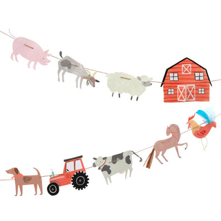 The On The Farm Large Garland by Meri Meri, featuring paper cutouts of a pig, goat, sheep, barn, dog, tractor, cow, horse and rooster strung together, makes the perfect birthday party decoration.