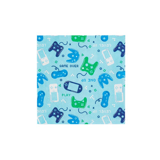 A light blue square with various game controllers, handheld devices, and text like "GAME OVER" and "PLAY" printed in blue, green, and white—One Up Pattern Cocktail Napkin by My Mind’s Eye is perfect party napkins for a gaming themed event.
