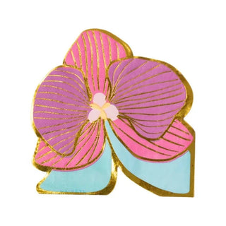 A Ma Fête Orchid Napkin with a tropical orchid flower on a white background with pink and blue hues.
