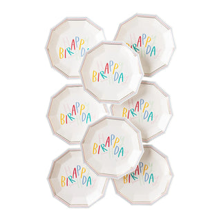 A cluster of Oui Party Hexagon Party Plates with "happy birthday" text in colorful, playful fonts, arranged in a honeycomb pattern on a white background by My Mind's Eye.