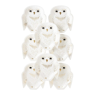 Nine Owl Plates by My Mind’s Eye, featuring gold foil accents and arranged in a grid pattern, evoke an elegant yet whimsical charm perfect for your Halloween party.