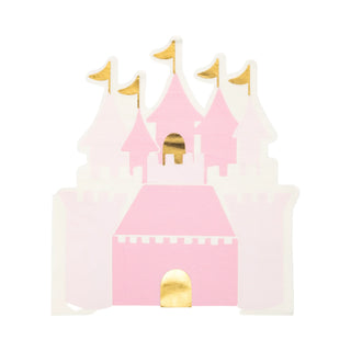 Illustration of a pink castle with gold accents and yellow flags on the towers, reminiscent of the delicate charm found in My Mind’s Eye's Princess Castle Shaped Guest Napkin.