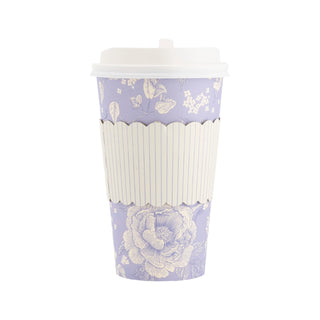 A My Mind's Eye Blue Pinstripe Floral To-Go Cup with a white lid, purple floral design, and a ribbed white sleeve around the middle.