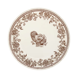 The Traditional Turkey Plate from My Mind’s Eye showcases a central brown turkey illustration surrounded by an elegant floral border, making it an ideal addition to your holiday tableware collection and elevating your Thanksgiving dinner setting.