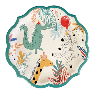 The Party Animal Dinner Plate by Sophistiplate is a decorative paper plate with a green border that features delightful animal designs, including a crocodile, giraffe, and zebra amidst colorful leaves and plants. The charming zebra even holds a red balloon, making it an ideal choice for holiday gatherings.