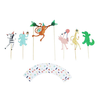 Introducing Merrilulu's Party Animals - Cupcake Toppers & Wrappers, showcasing a zebra, elephant, monkey, flamingo, giraffe, and crocodile all wearing festive party hats. Complete with a colorful geometric-patterned semicircle banner at the bottom, these delightful toppers are perfect for an animal-themed celebration!