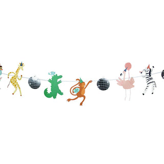 The Party Animals - Garland by Merrilulu is a fun animal-themed birthday party decoration featuring cut-outs of a giraffe, alligator, monkey, flamingo, and zebra wearing party hats, interspersed with small disco balls for added sparkle.