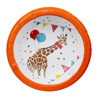 Part of the Party Safari collection from Talking Tables, these round paper bowls with an orange rim feature a giraffe holding balloons and festive banners, making them perfect for an animal-themed party.