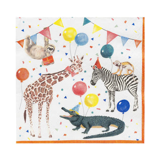 Illustration of a giraffe, sloth, zebra, alligator, and lemur surrounded by colorful balloons, bunting, and confetti on Talking Tables Party Safari Paper Napkins suggests a festive or jungle-themed party atmosphere.