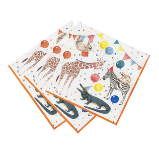 Three folded Talking Tables' Party Safari Paper Napkins showcase vibrant illustrations of a giraffe, zebra, crocodile, and sloth with colorful balloons and bunting on a white background. These napkins are ideal for adding a whimsical touch to your jungle-themed partyware setup!