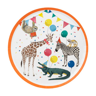 The eco-conscious, round Party Safari Paper Plates by Talking Tables feature adorable illustrations of animals in party hats, including a giraffe, zebra, sloth, and alligator, all set against a backdrop of balloons, confetti, and bunting. These plates come with an orange rim and are made from recycled paper.