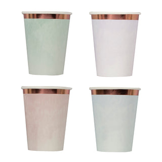 Four pastel-colored Ginger Ray Pastel Watercolor Party Cups with metallic rose gold rims are arranged in a 2x2 grid. The colors, which include light green, lilac, light pink, and light blue, make these party cups perfect for any celebration.