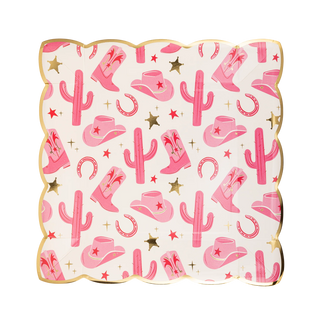 Cowgirl Pattern Paper Plate with cowboy hats, cacti, stars, and horseshoes on a pink background, bound with black spiral wire and accented with gold foil by My Mind's Eye.
