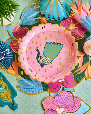 Peacock PlatesThese amazing birthday party plates will bring your tropical party to life - including GOLD! Two designs in pink and green to accommodate any taste and color prefereMa Fête