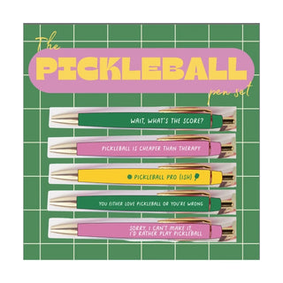 Introducing the Fun Club Pickleball Pen Set: a collection of five vibrant black ink ballpoint pens, each boasting distinctive pickleball-themed quotes against a green grid background. This set is an ideal and unique writing utensil for any pickleball enthusiast.