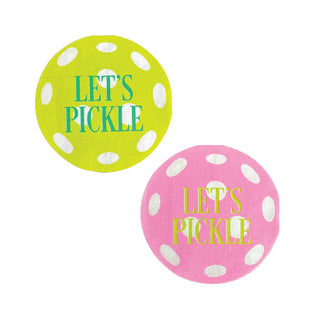 Bring a playful touch to your next Pickleball Social Club gathering with the "Let's Pickle" cocktail napkins from Daydream Society. This set includes two decorative napkins: one in green featuring "Let's Pickle" text and white dots, and another in pink, both perfectly crafted as tableware for your pickleball-inspired event.