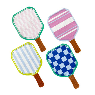 Four Pickleball Social Club Paddle Guest Napkins by Daydream Society, featuring checkered and striped patterns in pink, blue, and green, are perfect for a pickleball gathering.