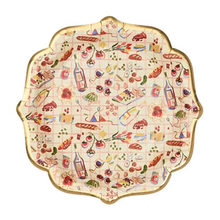 A scalloped-edge plate with a gold rim features a colorful, busy design of assorted food items, including wine bottles, bread, fruits, and pastries on a checkered background, making it perfect for elegant brunch plates. Replace the product in this sentence with Picnic Icon Large Paper Plates by Paper Source.
