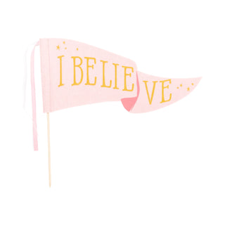 Pink Unicorn I Believe Chipboard Pennant Banner by My Mind’s Eye, with the text "I BELIEVE" in yellow capital letters and small yellow stars surrounding the text, perfect for a Pink Unicorn themed party.