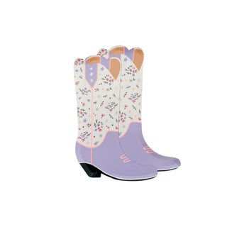 The Pony Tales Large Boot Plates by Daydream Society feature a vibrant purple and white cowboy boot design with floral patterns and pink accents, capturing the rodeo spirit perfect for any Daydream Society enthusiast.