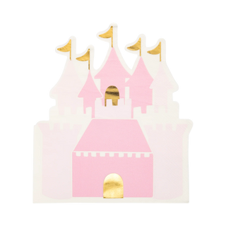 Illustration of a pink, Princess Castle Shaped Guest Napkin with multiple towers and gold accents on the doors and flags by My Mind’s Eye.