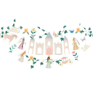 The Meri Meri Princess Party Garland features charming cut-out designs of a castle, princesses, a horse, a carriage, birds, and flowers, all beautifully connected with green vine-like string – an enchanting fairy tale decoration perfect for kids' bedroom decor.