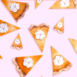 Slices of pumpkin pie topped with dollops of whipped cream, arranged among Cami Monet's Pumpkin Pie Party Punchies on a pink background.