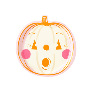 The Spooky Pumpkin Plate by My Mind’s Eye is a white, pumpkin-shaped paper plate with orange edges, adorned with a cartoon-style surprised face featuring triangular eyes, round cheeks, and an oval mouth—perfect for serving spooky treats at your next Halloween party.