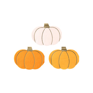 The Pumpkin Shaped Napkin Set by My Mind’s Eye, featuring three delightful felt pumpkins (one white and two orange), arranged in a charming triangular formation against a white background, promises to add festive fun to your next Halloween party.