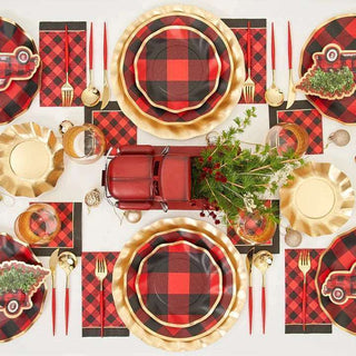 BUFFALO CHECK WAVY PAPER DINNER PLATEThese ruffled edge Red and Black buffalo check plaid beauties have a metallic gold rim and will help you host the perfect holiday party, and add a touch of elegance.Sophistiplate