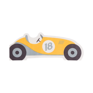 Illustration of a yellow vintage racing car with the number 18 displayed on the side, perfect for My Mind’s Eye Race Car Napkin Set at your next birthday party.