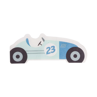 Illustration of a blue vintage race car with the number 23 on the side, perfect for adding a touch of nostalgia to birthday party décor or as a fun design on My Mind’s Eye Race Car Napkin Set.