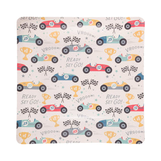 A colorful My Mind’s Eye Race Pattern Plate perfect for birthday parties, featuring checkered flags, trophies, and fun phrases like "Ready Set Go!" and "Vroom!" on a light background. A delight for all racing fans!