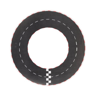 A circular black race track with white dashed lines and a checkered start/finish line, perfect for zooming race cars or as a unique My Mind’s Eye Race Track Placemat for a thrilling birthday party.