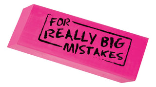 Bright pink oversized Toysmith Really Big Eraser with the words "FOR REALLY BIG MISTAKES" written in black on the front, this bestselling gag gift boasts a stylish pink rubber design.