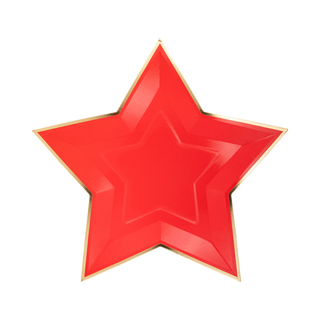 The Red Star Shaped Gold Foiled Paper Plate by My Mind’s Eye adds elegance to any Americana-themed event with its glossy finish and gold outline.