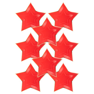 Eight My Mind’s Eye Red Star Shaped Gold Foiled Paper Plates, ideal for an Americana-themed party, arranged in two rows.