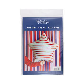 Displayed against a matching striped backdrop, the 24-inch Red Striped Star Shaped Mylar Balloon by My Mind’s Eye is ideal for Americana-themed events. Its bold red and white stripes create an eye-catching centerpiece for any celebration.