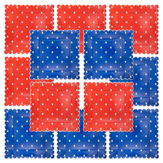 Sentence with replaced product:
"A patterned mosaic of red and blue square tiles with white stars, resembling a quilted patchwork design on scalloped My Mind's Eye Red and Blue Star Paper Plates, possibly symbolizing American national pride.