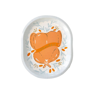 The Roasted Turkey Plate by My Mind’s Eye is an oval paper plate featuring an illustration of an orange pumpkin in the center, with the word "Thankful" written on it and surrounded by blue and orange foliage, making it perfect for showcasing your fall harvest design.