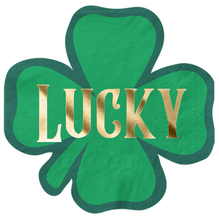 A stylized four-leaf clover in shades of green with the word "lucky" inscribed across the center in golden letters, symbolizing good fortune and Irish heritage, often associated with St Patrick's Day. This is featured on the Sophistiplate SHENANIGANS NAPKIN.