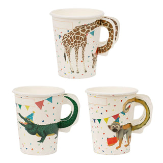 Three decorative Safari Animal Paper Cups from Talking Tables feature designs of a giraffe, an alligator, and a lemur. Each recyclable cup has a matching animal-shaped handle and a festive pattern with colorful triangles.