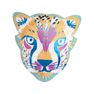 Ma Fête's Safari Cheetah Plates feature a vibrant, stylized cheetah face with bold blue, yellow, and purple accents—perfect for safari-themed events or as unique jungle party supplies.