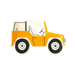 A yellow Safari Jeep Shaped Paper Plate on a white background perfect for an explorer themed party or safari themed event by My Mind's Eye.