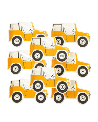A group of yellow Safari Jeep Shaped Paper Plates on a white background at an explorer themed party by My Mind's Eye.