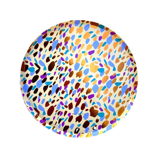 Ma Fête Safari Round Plates feature a multicolored abstract spotted pattern in gold, blue, purple, and brown on white—perfect for decorative use or as animal print plates at a stylish safari-themed party.