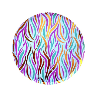 Ma Fête’s Safari Round Plates feature a vibrant wavy pattern in orange, purple, teal, and gold on light blue—perfect for bringing flair to your next celebration.