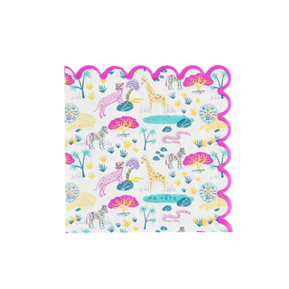 Ma Fête's Safari Square Napkins are colorful, scalloped napkins with vibrant cheetahs, giraffes, plants, and ponds—ideal for a safari-themed birthday party.