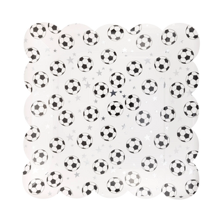 Square white balloon with black soccer ball patterns and silver stars, perfect for complementing the Scattered Ball Plate from My Mind’s Eye.