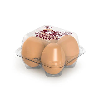 A clear plastic, BPA-free miniature egg carton holds four brown egg-shaped erasers, labeled "Scribbled Eggs Erasers" with Fred and Friends branding visible on the lid.